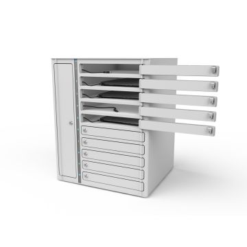 Casier de chargement USB-C pour ordinateur portable Zioxi avec cinq compartiments ouverts et câbles de chargement USB-C visibles, vue avant diagonale du casier de chargement blanc pour ordinateurs portables.