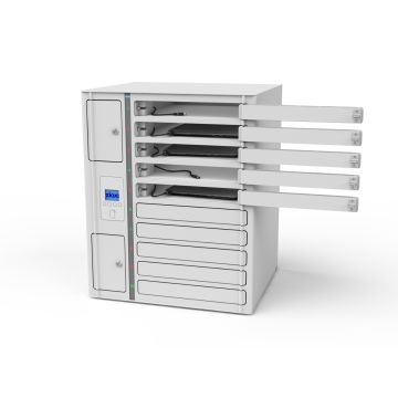 Casier de chargement USB-C pour ordinateur portable Zioxi onView avec compartiments ouverts sur le côté droit, visible avec les câbles de chargement USB-C internes et le verrou RFID MiFare.