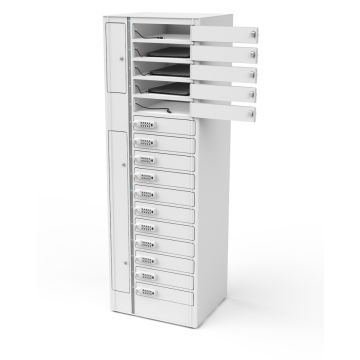 Casier de chargement pour ordinateur portable Zioxi pour 16 ordinateurs portables avec serrure à code numérique, vue avant inclinée avec quelques compartiments ouverts et câbles de chargement visibles dans l'armoire.