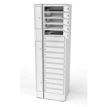 Vue de face du casier de chargement BYOD pour ordinateur portable Zioxi avec 16 compartiments, avec les portes supérieures ouvertes et les points de chargement internes visibles.