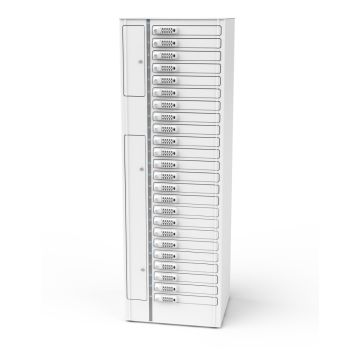 Vue de face du casier de chargement pour ordinateur portable Zioxi pour 24 ordinateurs portables, avec portes fermées et serrures à code numérique clairement visibles par compartiment de chargement.