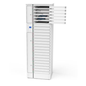 Photo en studio du casier de chargement pour ordinateur portable Zioxi onView pour 24 ordinateurs portables, avec les compartiments supérieurs ouverts et certains ordinateurs portables visibles.