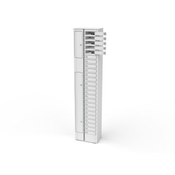 Vue latérale du casier de chargement pour smartphone Zioxi avec compartiments ouverts pour 24 smartphones et serrure à clé.