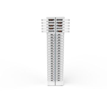 Vue latérale du casier de chargement USB-C pour smartphone Zioxi avec compartiments de chargement ouverts pour 48 smartphones.