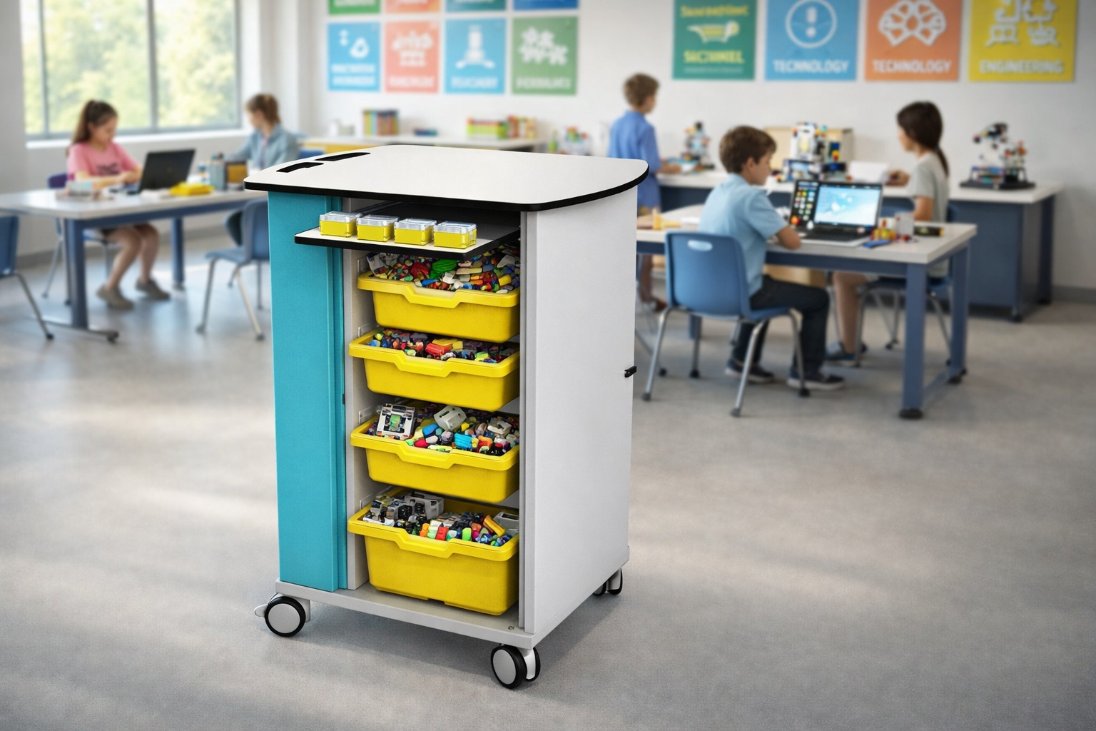 Chariot de recharge Zioxi LEGO SPIKE dans une salle de classe STIM